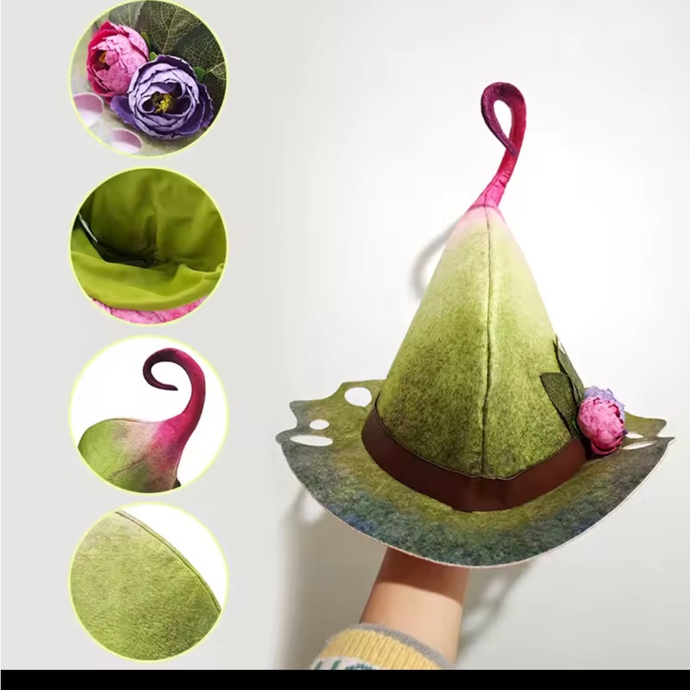 Whimsical Green Fairy Hat with Floral Accents - Picture 11 of 12